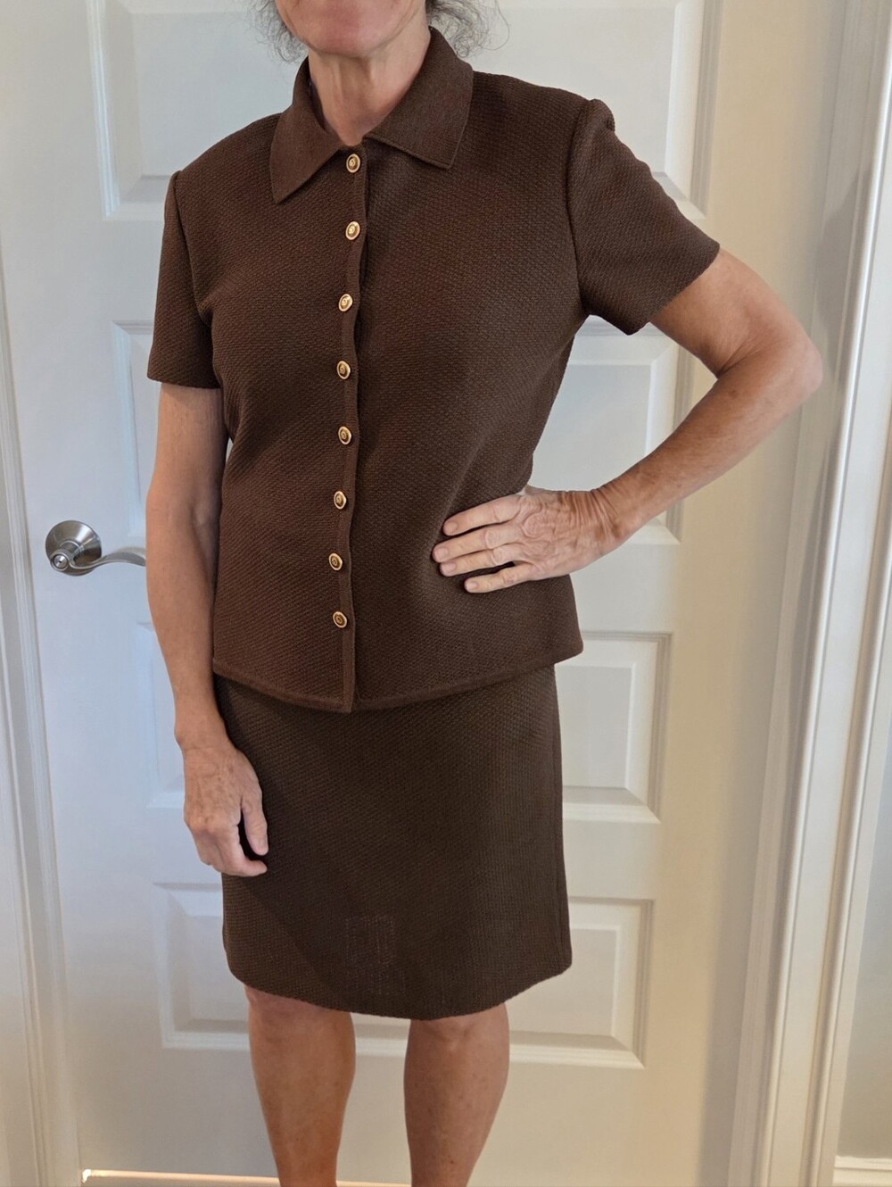 St. John Brown Knit Short-Sleeve Skirt Set.  Two Jackets